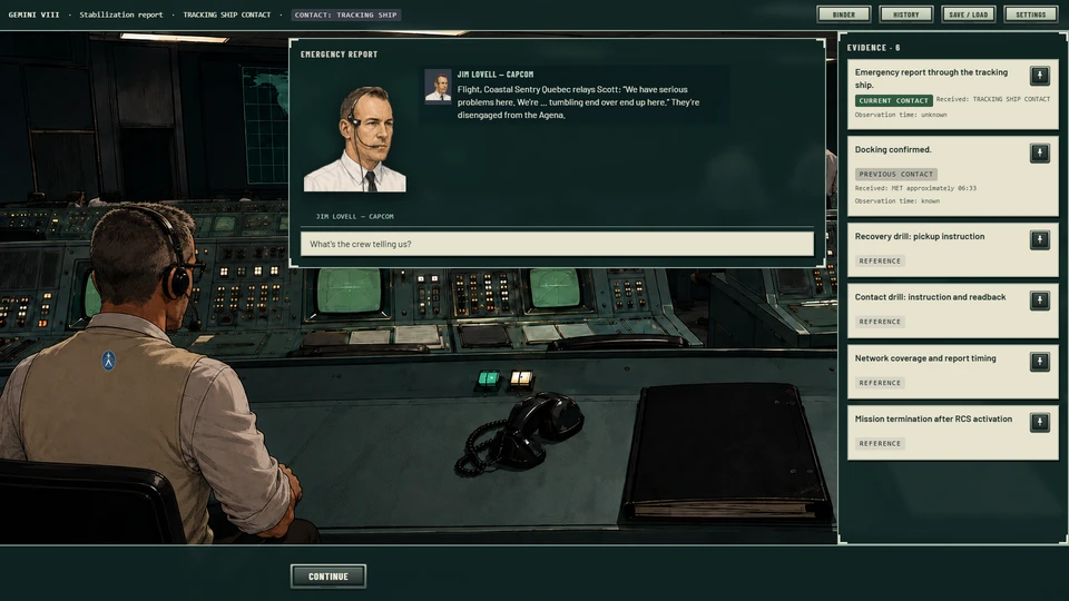Jim Lovell’s CAPCOM portrait and the relayed crew report appear over the illustrated control room.