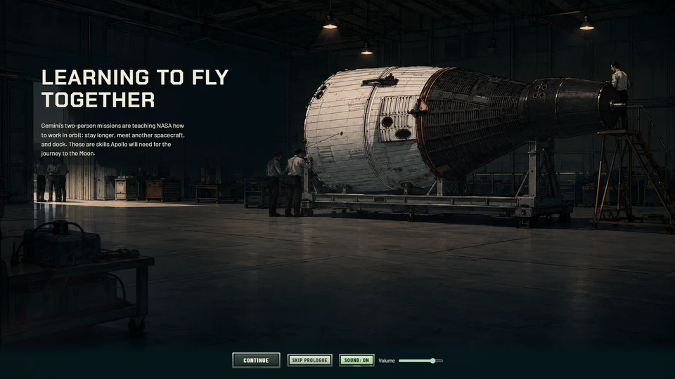 Illustrated Gemini program prologue, with a spacecraft and technicians in a hangar.