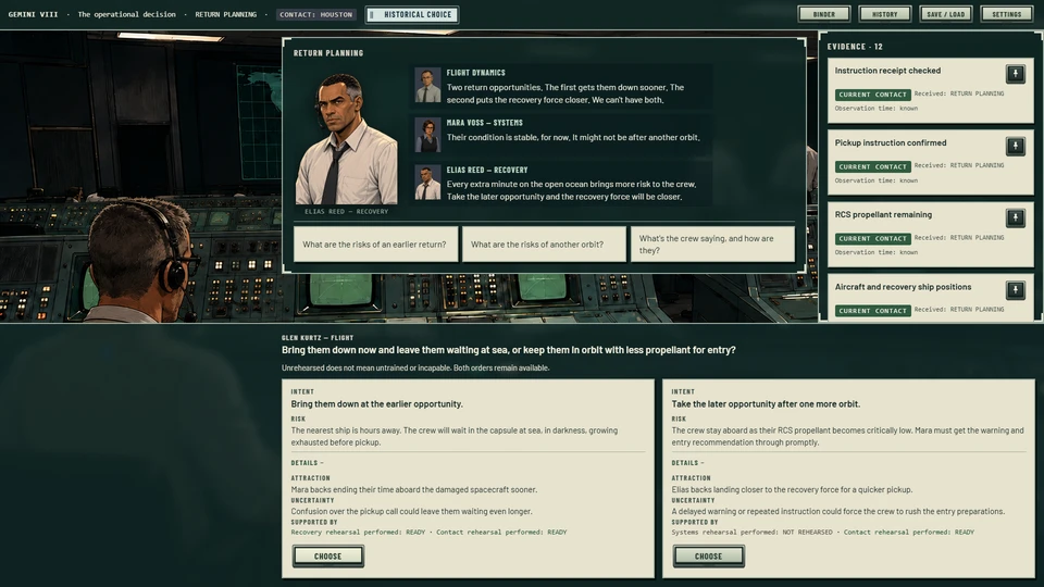 Gemini VIII return planning: controllers explain the risks of an earlier or later return, with two choices below.